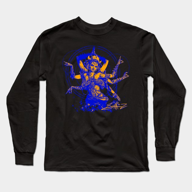 Kali Goddess Blue Orange Long Sleeve T-Shirt by SuarezArt